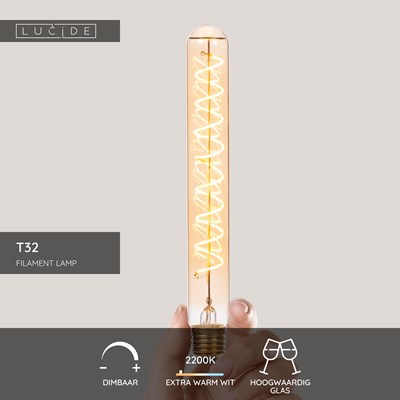 Lucide T32 - Filament lamp - Ø 3,2 cm - LED 3 StepDim (Memory) - E27 - 1x4,9W 2200K - Amber